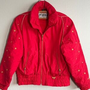 Vintage FERA Skiwear Red Jacket Gold Stars 80s 90s Puffer Sz10 Retro Apres